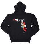 Salinity Gear Florida Native Flag hoodie. Black pull over hoodie with screen printed full color Florida Native Flag design on the back and a white Salinity Gear logo on the front.