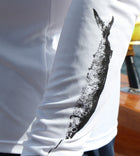 Salinity Gear performance SPF 50 sun protection dri-fit long sleeve fishing shirt. White shirt with screen printed rasta sailfish fish rubbing ( gyotaku ) design. The left sleeve has a rubbing of a ballyhoo and the front has a Salinity Gear logo.