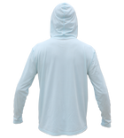 Salinity Gear Performance Fishing Hoodie - UPF 50+ Dri-Fit Shirt. Long sleeve light blue hoody with screen printed Salinity logo on chest