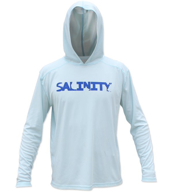 Salinity Gear Performance Fishing Hoodie - UPF 50+ Dri-Fit Shirt. Long sleeve light blue hoody with screen printed Salinity logo on chest