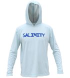 Salinity Gear Performance Fishing Hoodie - UPF 50+ Dri-Fit Shirt. Long sleeve light blue hoody with screen printed Salinity logo on chest