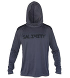 Salinity Gear Performance Fishing Hoodie - UPF 50+ Dri-Fit Shirt. Long sleeve carbon grey hoody with screen printed Salinity logo on chest