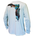 Salinity Gear performance SPF 50 sun protection dri-fit long sleeve youth fishing shirt. Arctic blue shirt with sublimated full color Fish Florida design that is the state of Florida created with a collage of fish on back. The front has the Salinity Gear logo with colorful fish popping out of the design.