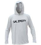 Salinity Gear Performance Fishing Hoodie - UPF 50+ Dri-Fit Shirt. Long sleeve grey hoody with screen printed Salinity logo on chest