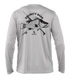 Salinity Gear performance SPF 50 sun protection dri-fit long sleeve fishing shirt. Grey shirt with screen printed ( reel vs steel ) hogfish fish rubbing or gyotaku design with crossed fishing pole and speargun on back. Screen printed distressed Salinity logo on front.