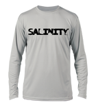 Salinity Gear performance SPF 50 sun protection dri-fit long sleeve fishing shirt. Grey shirt with screen printed ( reel vs steel ) hogfish fish rubbing or gyotaku design with crossed fishing pole and speargun on back. Screen printed distressed Salinity logo on front.