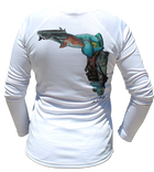 White Salinity Gear performance SPF 50 sun protection dri-fit long sleeve ladies fishing shirt. Sublimated full color Fish Florida design that is the state of Florida created with a collage of fish on back. The front has the Salinity Gear logo with colorful fish popping out of the design.