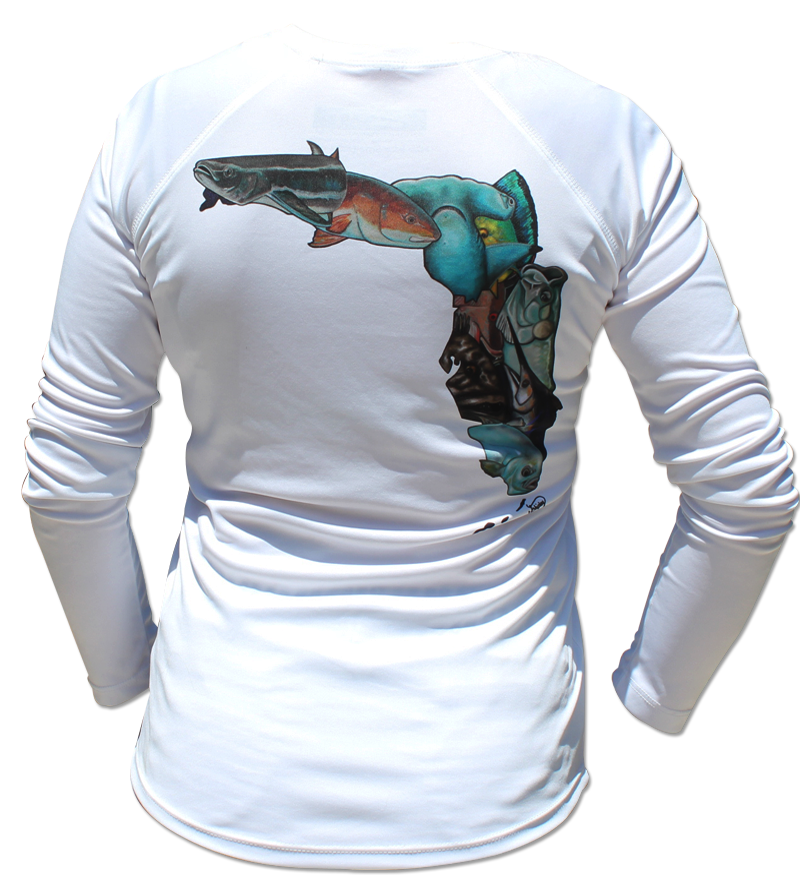 White Salinity Gear performance SPF 50 sun protection dri-fit long sleeve ladies fishing shirt. Sublimated full color Fish Florida design that is the state of Florida created with a collage of fish on back. The front has the Salinity Gear logo with colorful fish popping out of the design.