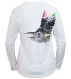 Salinity Gear performance ladies SPF 50 sun protection dri-fit long sleeve v-neck fishing shirt. White shirt with screen printed rasta sailfish fish rubbing ( gyotaku ) design. The left sleeve has a rubbing of a ballyhoo and the front has a Salinity Gear logo.