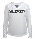 Salinity Gear performance ladies SPF 50 sun protection dri-fit long sleeve v-neck fishing shirt. White shirt with screen printed rasta sailfish fish rubbing ( gyotaku ) design. The left sleeve has a rubbing of a ballyhoo and the front has a Salinity Gear logo.