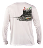 Salinity Gear performance SPF 50 sun protection dri-fit long sleeve fishing shirt. White shirt with screen printed rasta sailfish fish rubbing ( gyotaku ) design. The left sleeve has a rubbing of a ballyhoo and the front has a Salinity Gear logo.