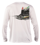 Salinity Gear performance SPF 50 sun protection dri-fit long sleeve youth fishing shirt. White shirt with sublimated rasta sailfish fish rubbing ( gyotaku ) design. The left sleeve has a rubbing of a ballyhoo and the front has a Salinity Gear logo.