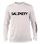 Salinity Gear performance SPF 50 sun protection dri-fit long sleeve youth fishing shirt. White shirt with sublimated rasta sailfish fish rubbing ( gyotaku ) design. The left sleeve has a rubbing of a ballyhoo and the front has a Salinity Gear logo.