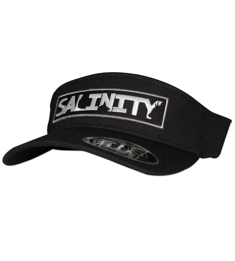 Salinity Gear Patch flexfit visor. Black visor with adjustable flexloop elastic hook and loop closure