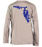 Salinity Gear performance SPF 50 sun protection dri-fit long sleeve youth fishing shirt. Light grey shirt with blue screen printed Florida Native design on the back and the Salinity Gear logo on the front.