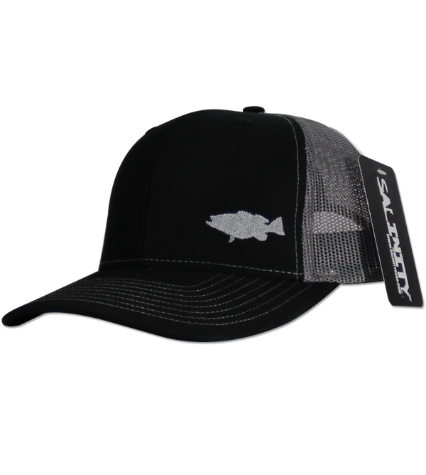 Salinity Gear Grouper Mesh Snap Back black and grey. Snapback mesh back Richardson trucker hat with embroidered grouper.
