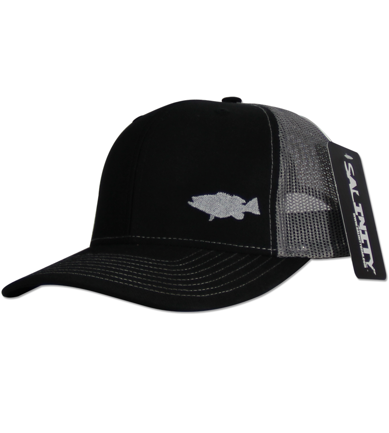Salinity Gear Grouper Mesh Snap Back black and grey. Snapback mesh back Richardson trucker hat with embroidered grouper.