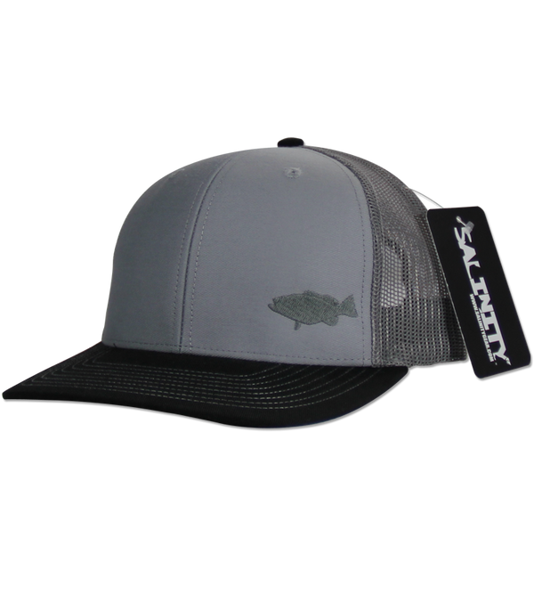 Salinity Gear Grouper Mesh Snap Back grey and black. Snapback mesh back Richardson trucker hat with embroidered grouper.