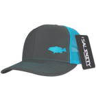 Salinity Gear Grouper Mesh Snap Back charcoal grey and neon blue. Snapback mesh back Richardson trucker hat with embroidered grouper.