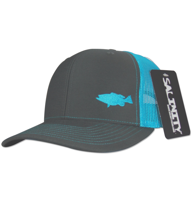 Salinity Gear Grouper Mesh Snap Back charcoal grey and neon blue. Snapback mesh back Richardson trucker hat with embroidered grouper.