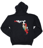 Salinity Gear Florida Native Flag hoodie. Black pull over hoodie with screen printed full color Florida Native Flag design on the back and a white Salinity Gear logo on the front. 