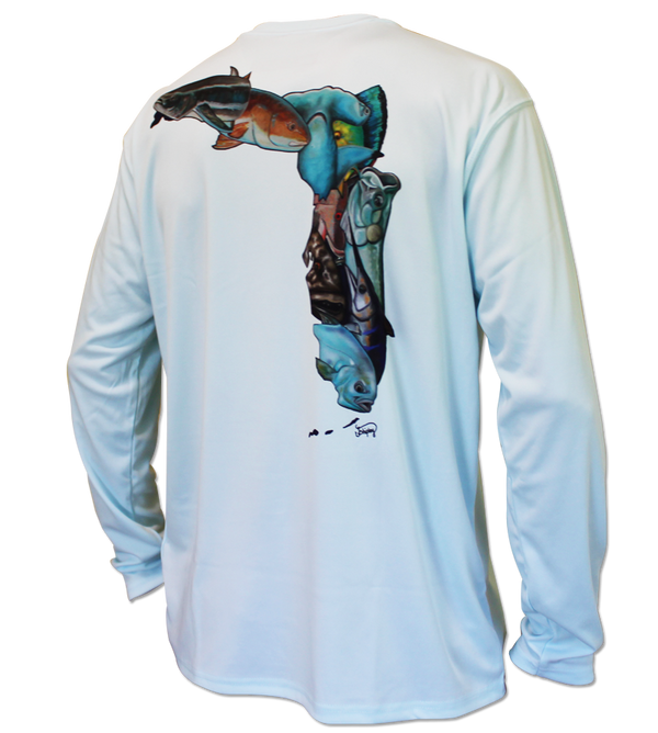 Salinity Gear performance SPF 50 sun protection dri-fit long sleeve youth fishing shirt. Arctic blue shirt with sublimated full color Fish Florida design that is the state of Florida created with a collage of fish on back. The front has the Salinity Gear logo with colorful fish popping out of the design.