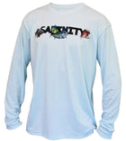 Salinity Gear performance SPF 50 sun protection dri-fit long sleeve youth fishing shirt. Arctic blue shirt with sublimated full color design that is the state of Florida created with a collage of fish on back. The front has the Salinity Gear logo with colorful fish popping out of the design.