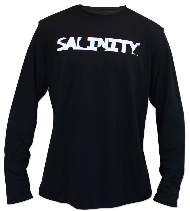 Salinity Gear performance SPF 50 sun protection dri-fit long sleeve fishing shirt. Black shirt with screen printed full color Florida Native design with a custom Florida flag inside of it. The front has a screen printed Salinity Gear logo. 