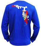 Salinity Gear performance SPF 50 sun protection dri-fit long sleeve fishing shirt. Blue shirt with screen printed full color Florida Native design with a custom Florida flag inside of it. The front has a screen printed Salinity Gear logo. 