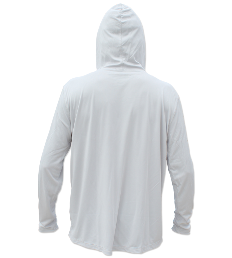Salinity Gear Performance Fishing Hoodie - UPF 50+ Dri-Fit Shirt. Long sleeve grey hoody with screen printed Salinity logo on chest