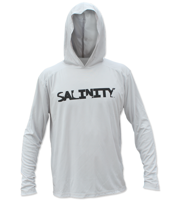 Salinity Gear Performance Fishing Hoodie - UPF 50+ Dri-Fit Shirt. Long sleeve grey hoody with screen printed Salinity logo on chest