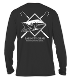 Salinity Gear performance SPF 50 sun protection dri-fit long sleeve fishing shirt. Carbon grey shirt with screen printed kingfish and crossed gaffs design. The front has a screen printed kingfish design.