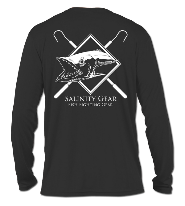 Salinity Gear performance SPF 50 sun protection dri-fit long sleeve fishing shirt. Carbon grey shirt with screen printed kingfish and crossed gaffs design. The front has a screen printed kingfish design.