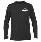 Salinity Gear performance SPF 50 sun protection dri-fit long sleeve fishing shirt. Carbon grey shirt with screen printed kingfish design that crossed gaffs. The front has a screen printed kingfish design.