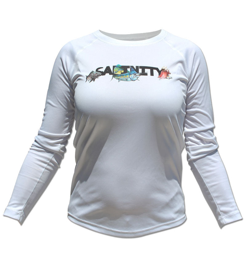 White Salinity Gear performance SPF 50 sun protection dri-fit long sleeve ladies fishing shirt. Sublimated full color design that is the state of Florida created with a collage of fish on back. The front has the Salinity Gear logo with colorful fish popping out of the design.