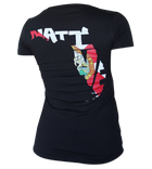 Salinity Gear Florida Native Flag ladies short sleeve v-neck shirt. Black ring spun cotton v-neck t-shirt with screen printed full color Florida Native Flag design on the back and a white Salinity Gear logo on the front. 