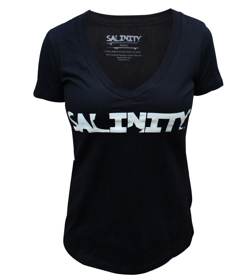 Salinity Gear Florida Native Flag ladies short sleeve v-neck shirt. Black ring spun cotton v-neck t-shirt with screen printed full color Florida Native Flag design on the back and a white Salinity Gear logo on the front. 