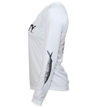Salinity Gear performance ladies SPF 50 sun protection dri-fit long sleeve v-neck fishing shirt. White shirt with screen printed rasta sailfish fish rubbing ( gyotaku ) design. The left sleeve has a rubbing of a ballyhoo and the front has a Salinity Gear logo.