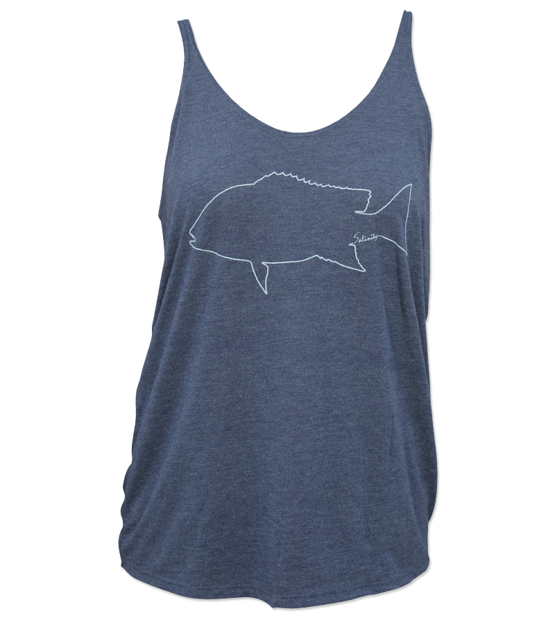 Salinity Gear Ladies tank top, heather navy with a red snapper design