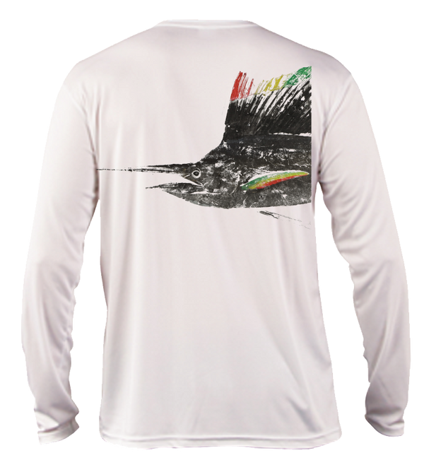 Salinity Gear performance SPF 50 sun protection dri-fit long sleeve youth fishing shirt. White shirt with sublimated rasta sailfish fish rubbing ( gyotaku ) design. The left sleeve has a rubbing of a ballyhoo and the front has a Salinity Gear logo.