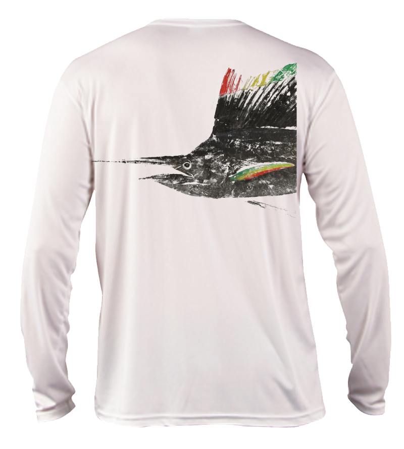 Salinity Gear performance SPF 50 sun protection dri-fit long sleeve youth fishing shirt. White shirt with sublimated rasta sailfish fish rubbing ( gyotaku ) design. The left sleeve has a rubbing of a ballyhoo and the front has a Salinity Gear logo.