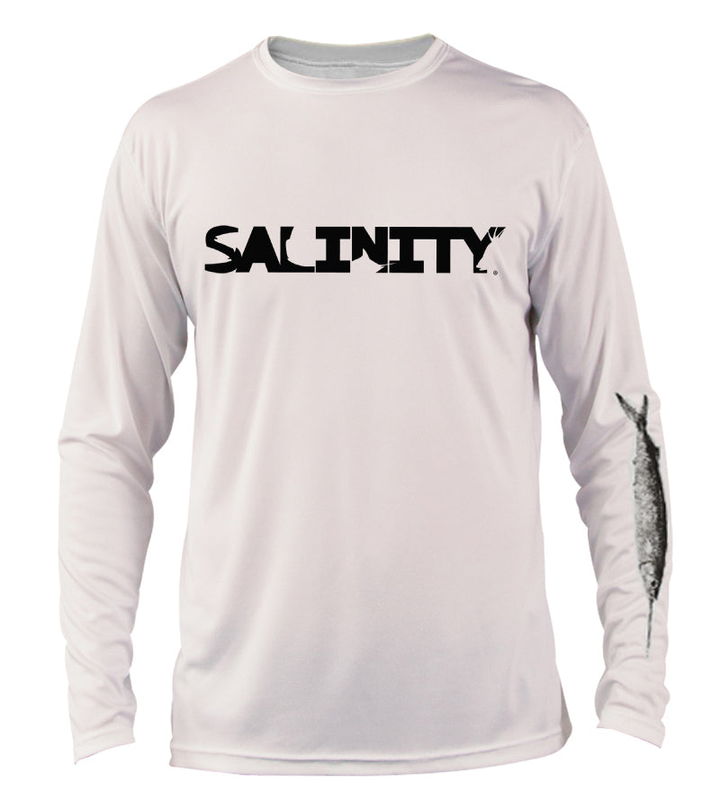 Salinity Gear performance SPF 50 sun protection dri-fit long sleeve fishing shirt. White shirt with screen printed rasta sailfish fish rubbing ( gyotaku ) design. The left sleeve has a rubbing of a ballyhoo and the front has a Salinity Gear logo.