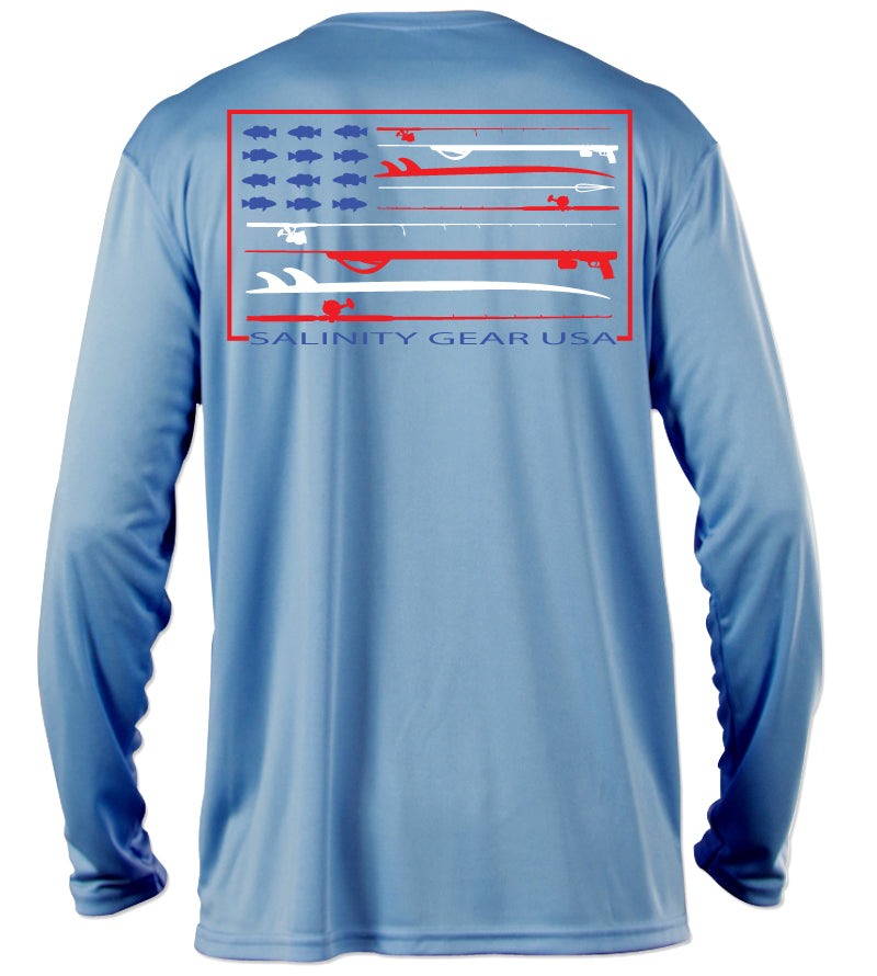 Salinity Gear performance SPF 50 sun protection dri-fit long sleeve fishing shirt. Columbia blue shirt with screen printed Salinity Gear USA design. American Flag design created with spearguns surf boards and fish on the back. The front has The Salinity Gear logo with the American Flag inside of it.
