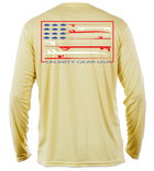Salinity Gear performance SPF 50 sun protection dri-fit long sleeve fishing shirt. Pale Yellow shirt with screen printed Salinity Gear USA design. American Flag design created with spearguns surf boards and fish on the back. The front has The Salinity Gear logo with the American Flag inside of it.