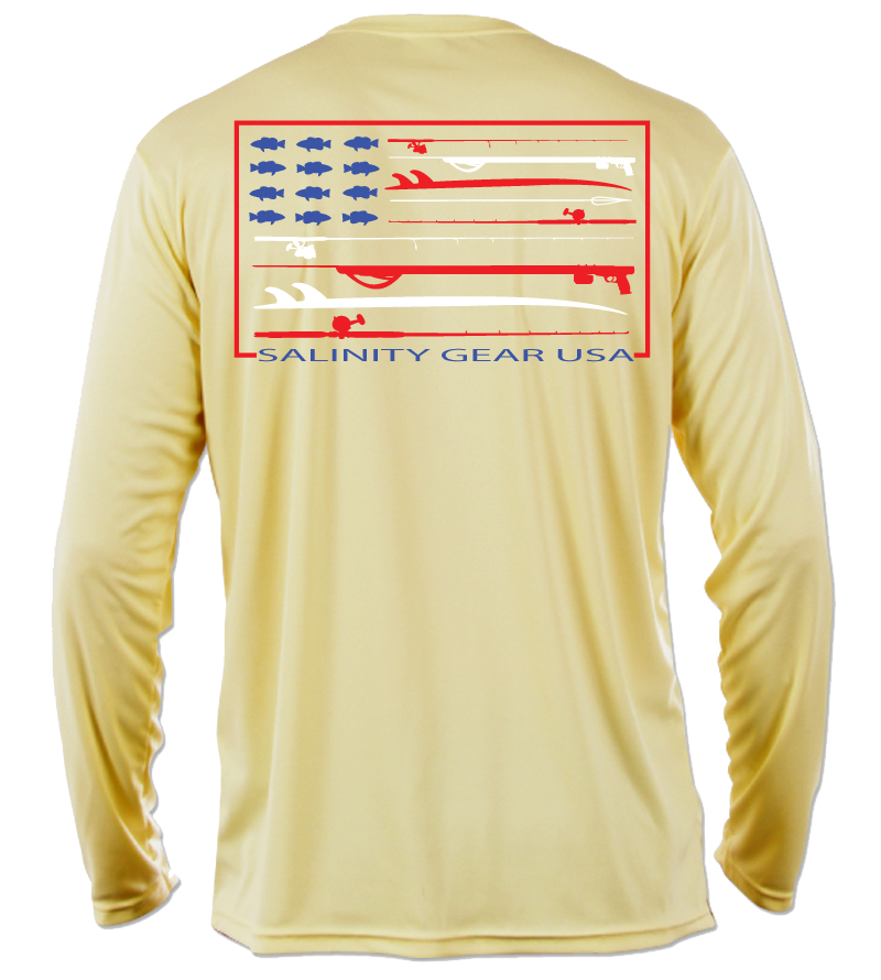 Salinity Gear performance SPF 50 sun protection dri-fit long sleeve fishing shirt. Pale yellow shirt with screen printed Salinity Gear USA design. American Flag design created with spearguns surf boards and fish on the back. The front has The Salinity Gear logo with the American Flag inside of it.