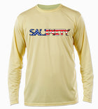Salinity Gear performance SPF 50 sun protection dri-fit long sleeve fishing shirt. Pale yellow shirt with screen printed Salinity Gear USA design. American Flag design created with spearguns surf boards and fish on the back. The front has The Salinity Gear logo with the American Flag inside of it.