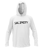 Salinity Gear Performance Fishing Hoodie - UPF 50+ Dri-Fit Shirt. Long sleeve white hoody with screen printed Salinity logo on chest