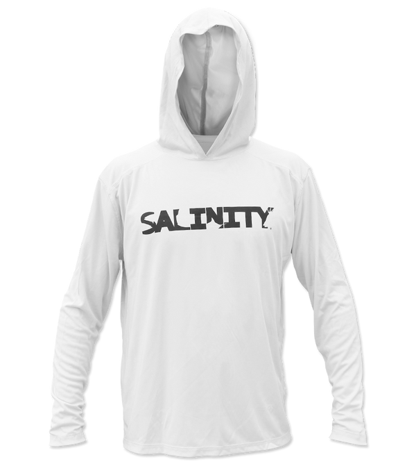 Salinity Gear Performance Fishing Hoodie - UPF 50+ Dri-Fit Shirt. Long sleeve white hoody with screen printed Salinity logo on chest