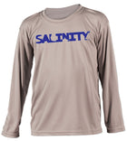 Salinity Gear performance SPF 50 sun protection dri-fit long sleeve youth fishing shirt. Light grey shirt with blue screen printed Florida Native design on the back and the Salinity Gear logo on the front.